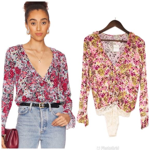 Free People Tops - FREE PEOPLE Heat Wave Pink Floral Long Sleeve Bodysuit Thong‎ Crochet Lace New